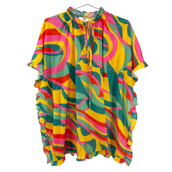 entro Tops - ENTRO Retro Print Ruffle Blouse NWT • Small • pink yellow green • bright funky